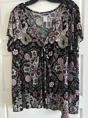 Jessica London Black Paisley Floral Tie-Front Top